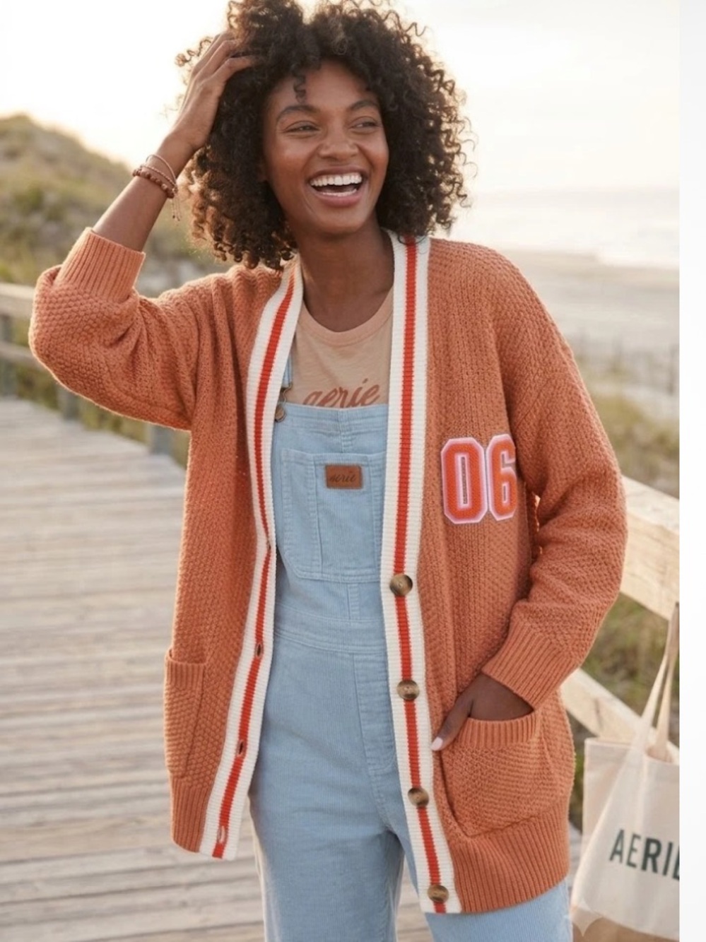 NWT Aerie Oversized Varsity Golden brown Letterman Boyfriend Sweater Cardigan XS